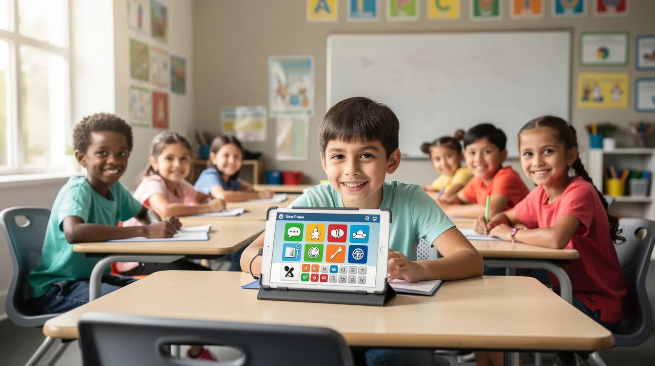 The image depicts a bright and modern classroom where children of various backgrounds sit together at desks, fostering a truly inclusive society. One child is engaged with a tablet equipped with assistive technology, highlighting the importance of accessibility in education for those with disabilities.
