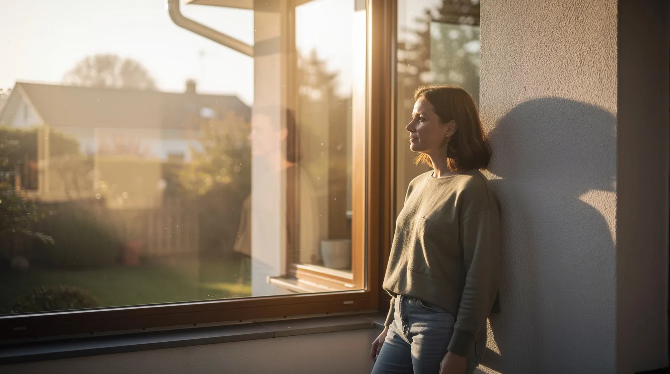 A person stands outside in the morning sunlight, near a window, appearing relaxed and contemplative. This scene reflects a moment of calm, which can positively affect sleep quality and overall well-being, potentially aiding in overcoming sleep anxiety and promoting better sleep habits.