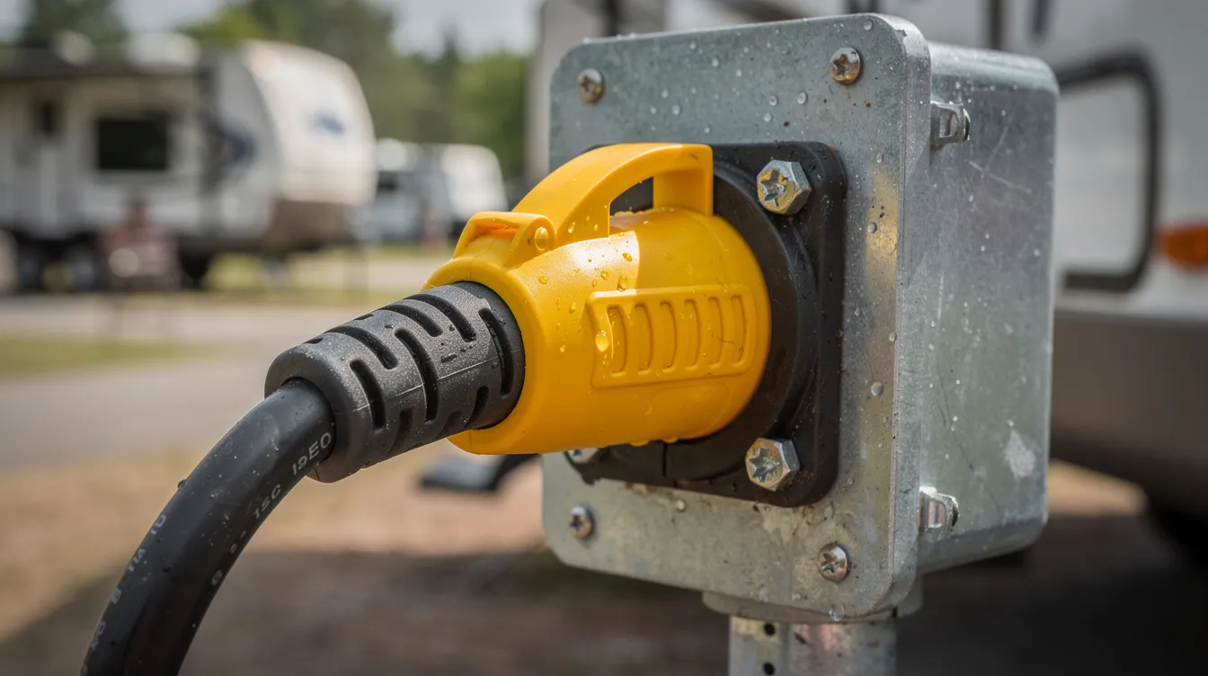 The image shows a close-up view of an RV electrical power cord connected to an outlet, highlighting the three-prong plug design essential for safely delivering power to various electrical devices. This connection is crucial for powering appliances like air conditioners and microwaves, ensuring the RV's electrical system operates efficiently.