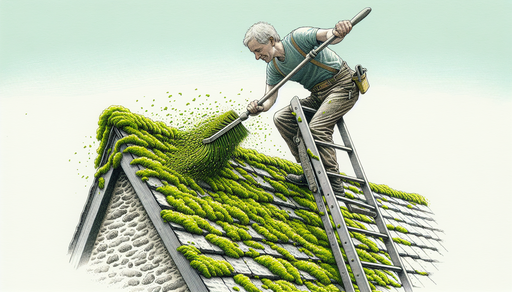 Illustration of brushing off loose moss from a roof