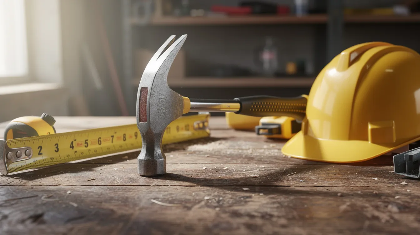 The image features a collection of construction tools, including a hammer, measuring tape, and a safety helmet, arranged neatly on a wooden workbench. This setup is essential for real estate investors and house flippers engaged in fix and flip projects, emphasizing the importance of quality tools in property renovations.