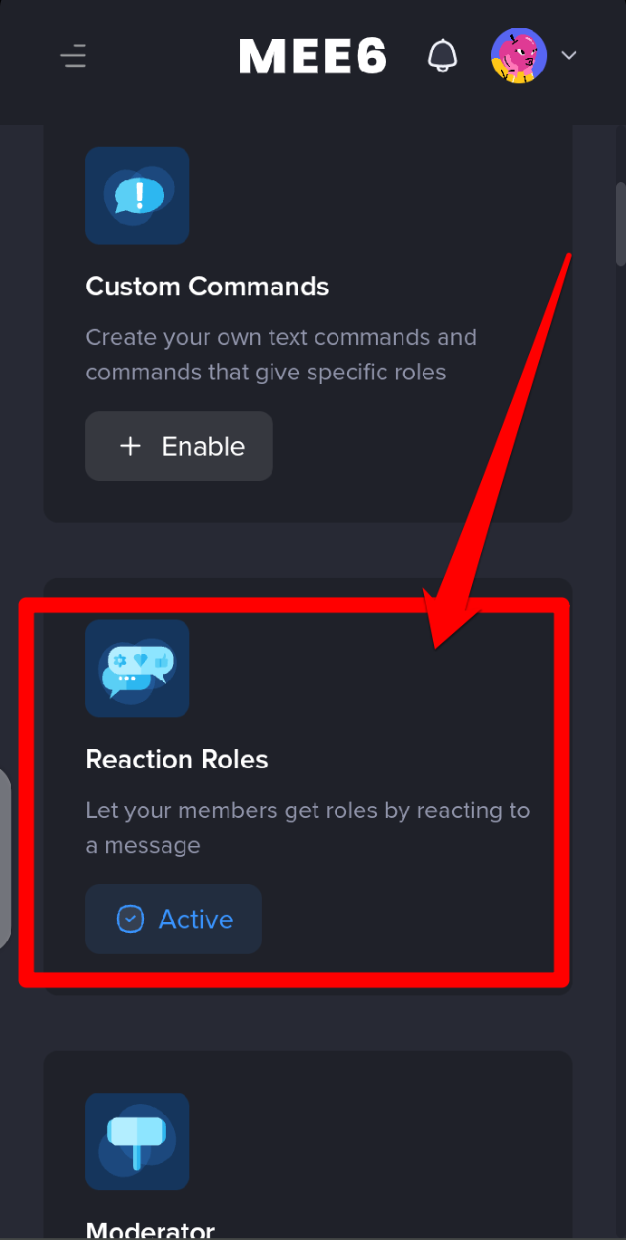 Picture showing the Reaction roles plugin on the Mee6 bot