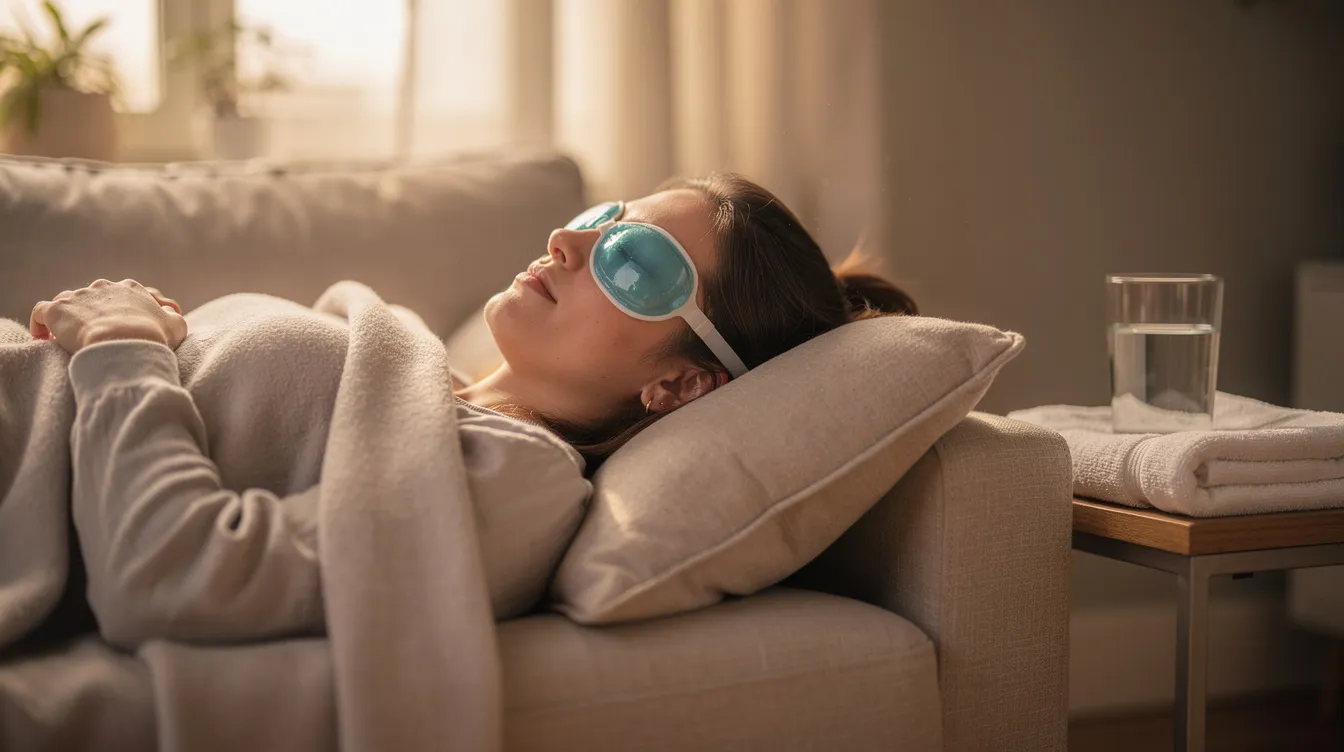 Una persona se encuentra descansando en un ambiente tranquilo y doméstico, con compresas frías sobre los ojos para aliviar la inflamación después de una cirugía de párpados. La imagen refleja un momento de cuidado y recuperación, destacando la importancia de la blefaroplastia en la mejora de la apariencia y la calidad de vida de los pacientes.