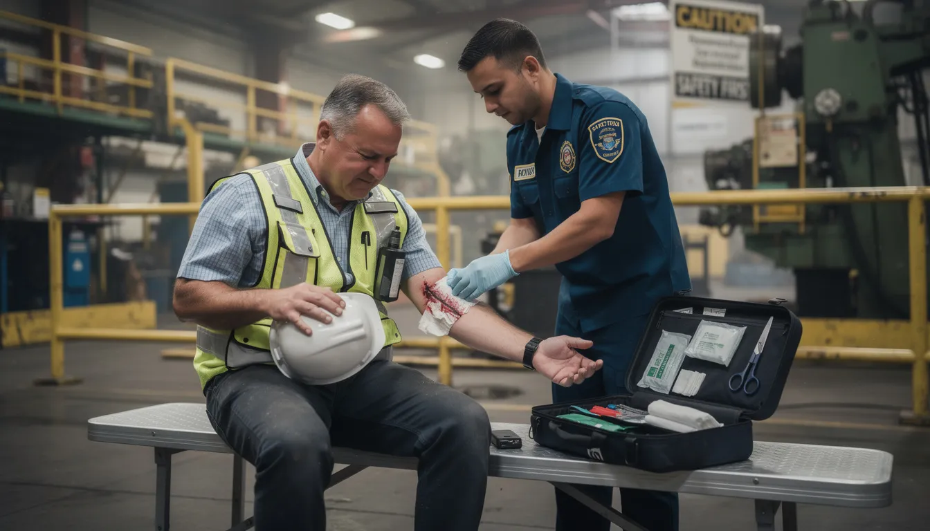 An industrial worker sits in a medical facility receiving treatment for a workplace injury, highlighting the importance of proper medical care for injured workers. This scene emphasizes the need for workers compensation claims and the support of a workers compensation attorney to navigate medical expenses and ensure fair compensation.