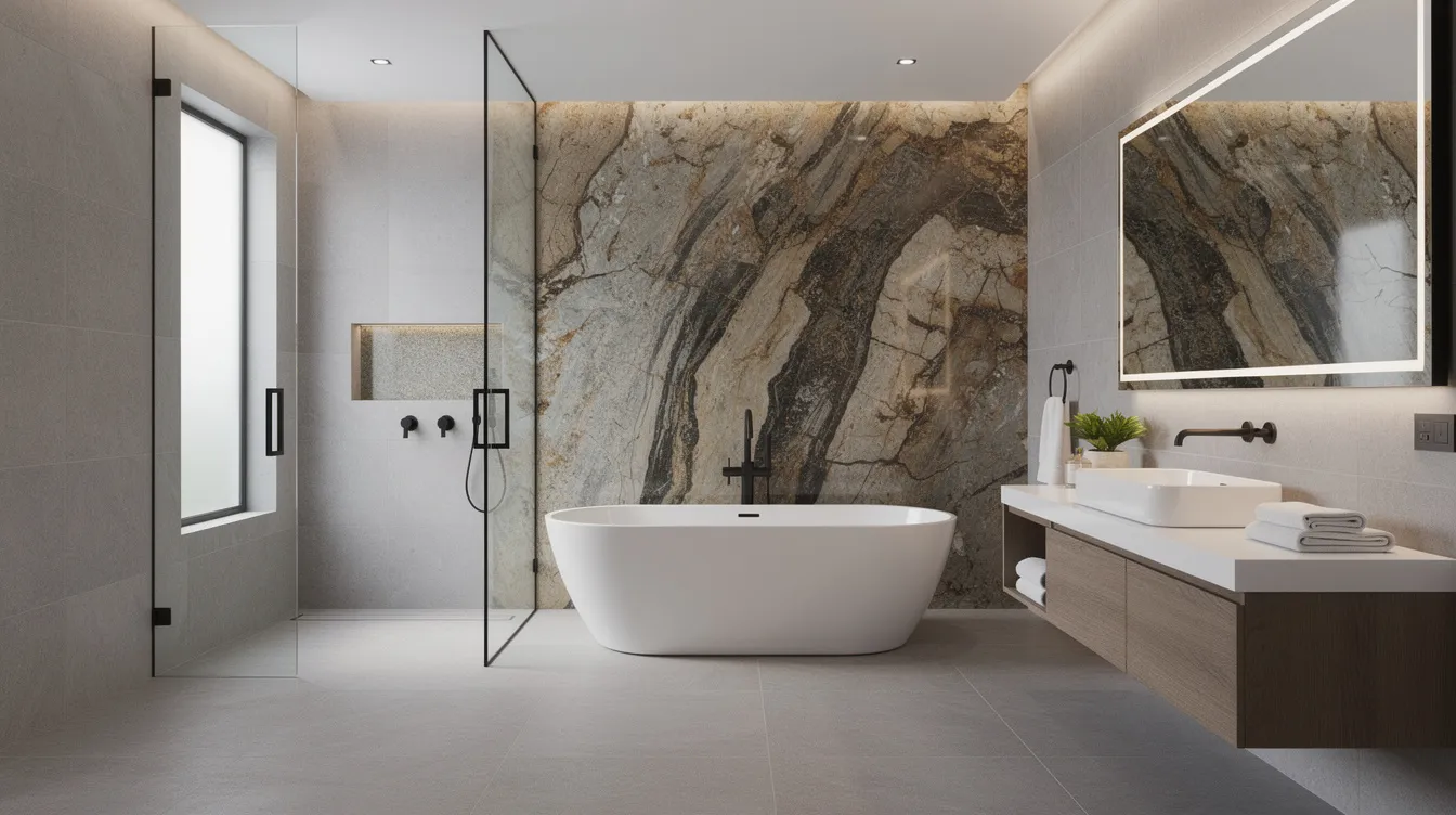 The image depicts a modern bathroom featuring large format porcelain tile on the floor and a striking natural stone accent wall, combining beauty and durability in its design. This elegant space showcases a seamless blend of materials, making it an excellent choice for high traffic areas like bathrooms.