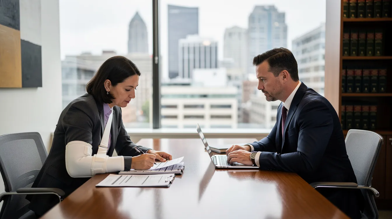An ultra-realistic editorial photograph captures a personal injury lawyer meeting with an injured client in a modern Seattle law office, where the client, with an arm in a sling, reviews accident claim documents with the attorney. The serious and supportive atmosphere is enhanced by the city skyline visible through the window, reflecting the professional legal consultation focused on personal injury claims and seeking fair compensation for the client's injuries.