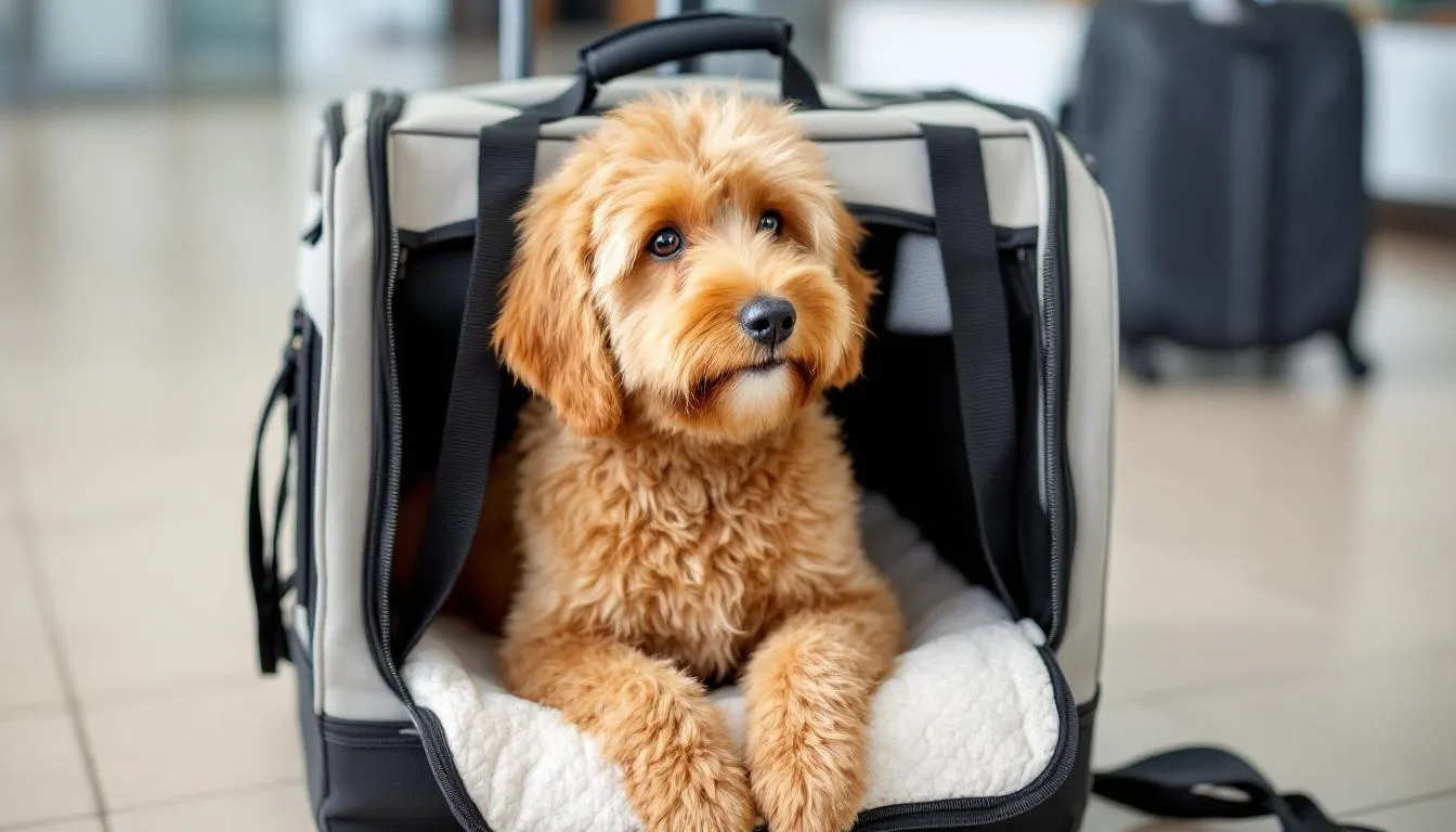 A mini goldendoodle is comfortably seated inside an airplane carrier, showcasing the convenience of traveling with this compact-sized dog breed. The image highlights the mini goldendoodle