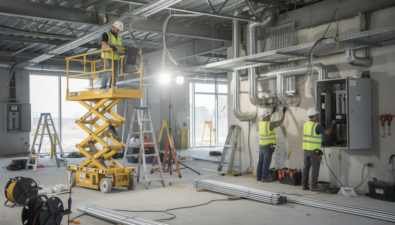 The image depicts skilled tradespeople, including electricians and pipefitters, actively working on a commercial construction site, showcasing the vital role of the construction workforce amid a labor shortage. The scene highlights the demand for qualified workers in the construction industry, emphasizing the importance of skilled construction workers in completing projects efficiently.