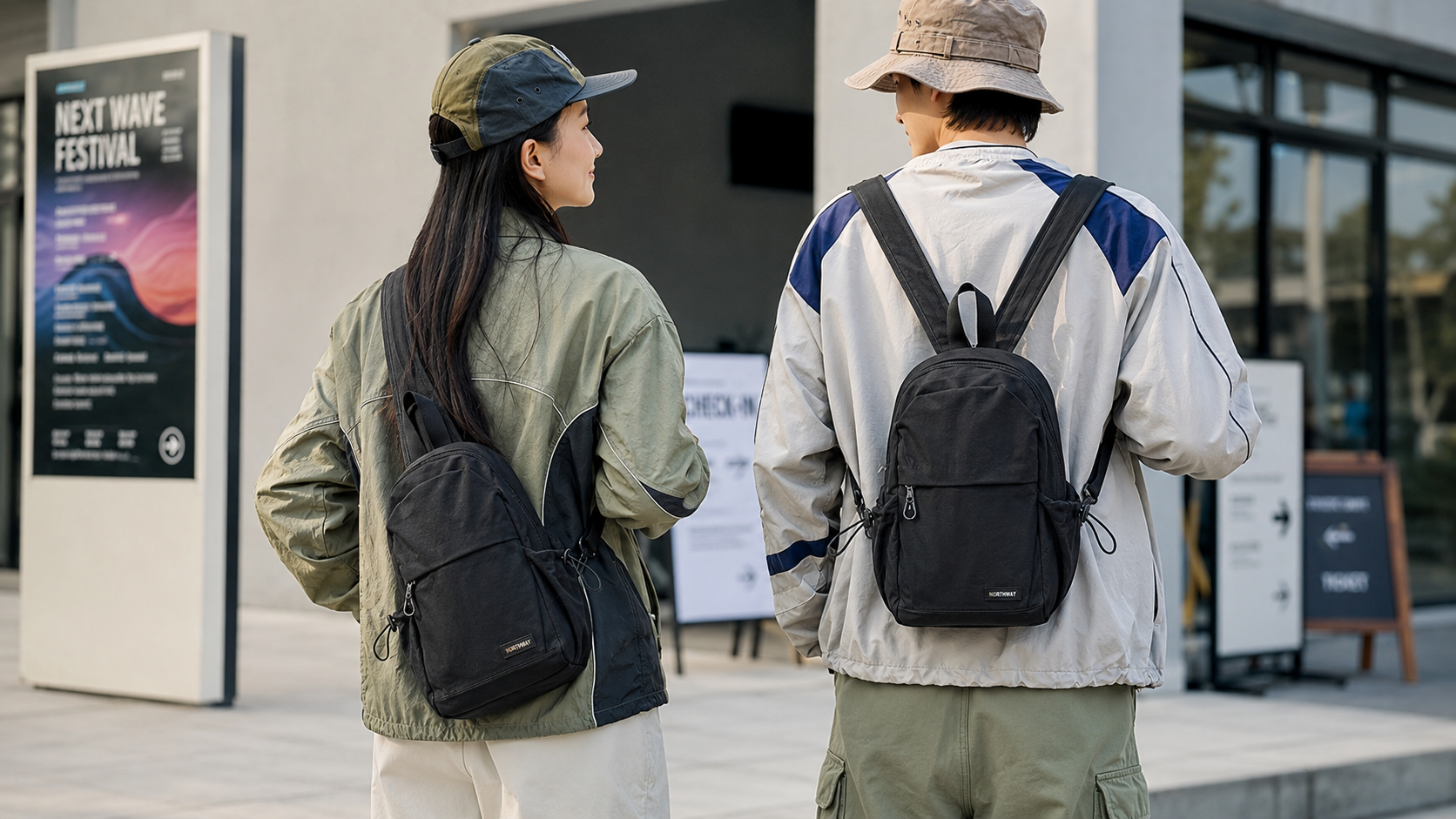 Convertible sling backpacks worn in one-shoulder and two-shoulder styles