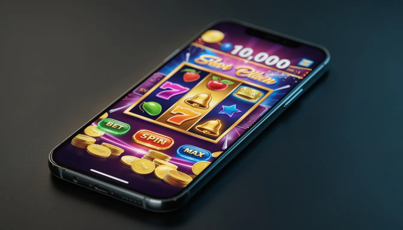 A smartphone shows a vibrant slot game interface on its screen, featuring colorful symbols and graphics that invite users to engage with the content. The design is eye-catching, making it easy to understand the game's mechanics and enjoy the experience.