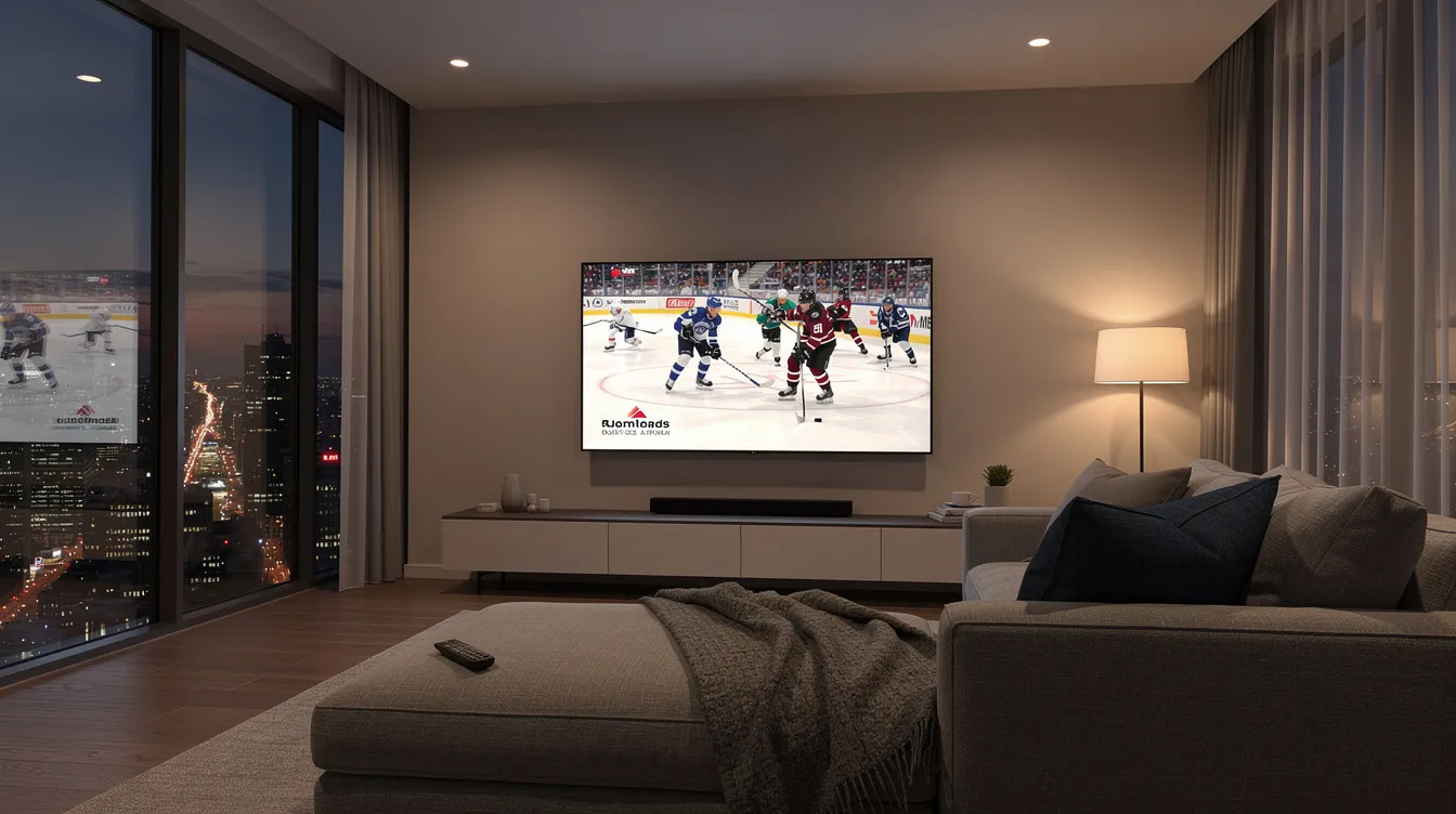 A cozy modern living room in the evening features a large flat-screen TV showcasing a hockey game, a comfortable couch with a remote control resting on it, and vibrant city lights visible through the window, perfect for enjoying IPTV Canada services and live channels.