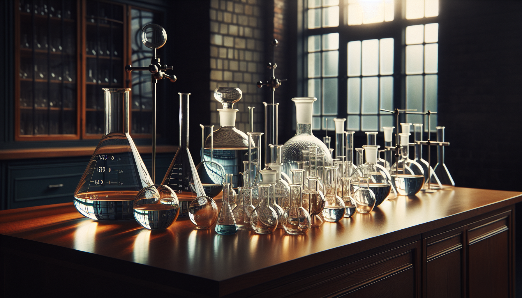 Glassware including beakers, flasks, and graduated cylinders for chemistry experiments