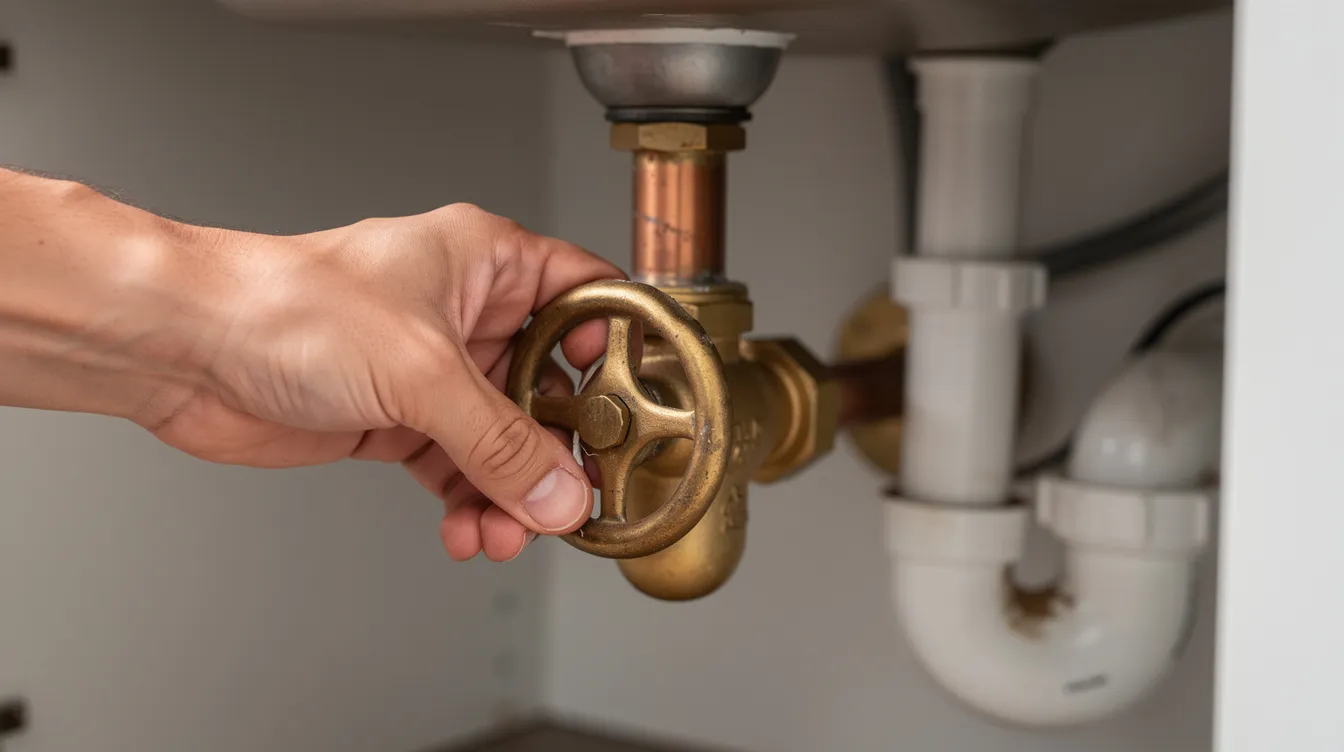 A close-up image shows a hand turning a brass water shutoff valve located under a kitchen sink, which is an essential step to prevent further damage from leaky pipes. The valve is part of the plumbing system, controlling the water supply line to the sink and helping to fix potential plumbing leaks.
