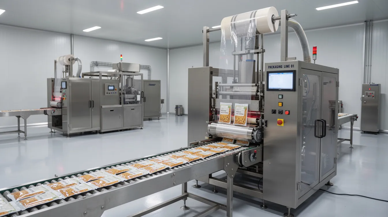 5c34e6d7 a708 4605 bd44 120c8d09e6a5 The image depicts an industrial form-fill-seal packaging machine operating in a food processing plant, equipped with a conveyor belt for efficient packaging of various processed dals like moong dal and chana dal. This machinery plays a crucial role in the dal milling industry, ensuring high productivity and adherence to international quality standards in the manufacturing process.