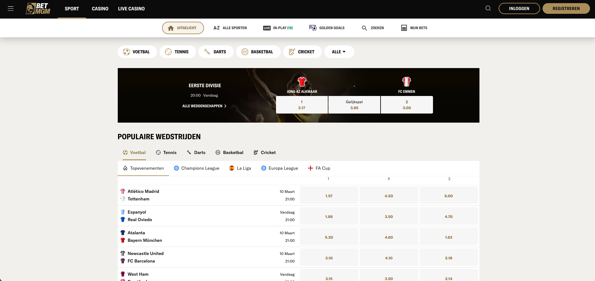 Overzicht van live casino spellen bij BetMGM, waaronder live blackjack, live roulette en baccarat, met exclusieve tafels en live game shows zoals Crazy Time en Monopoly Live, geleverd door providers zoals Evolution en Pragmatic Play.