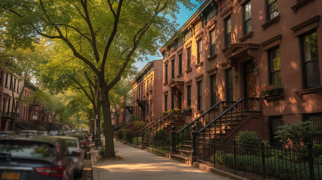 The image depicts a charming, tree-lined street in a historic Brooklyn Heights neighborhood, featuring elegant brownstone townhouses with stoops and intricate iron railings. This picturesque setting is ideal for families and potential buyers looking for homes in the vibrant Brooklyn real estate market.