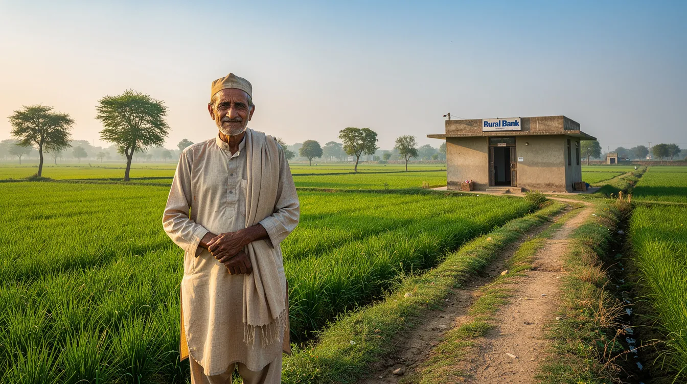 A rural Pakistani farmer stands proudly in front of lush green agricultural fields, with a small bank building visible in the background, symbolizing the importance of financial services like international money transfer for local communities. This image highlights the connection between farming and access to banking, essential for sending money abroad and managing funds effectively.