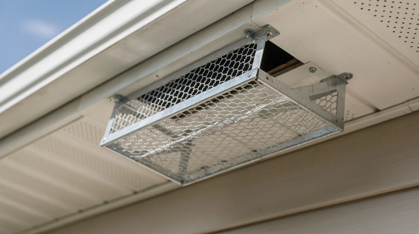 The image shows a metal one-way exclusion device securely installed over a gap in the soffits of a residential roof, designed to prevent bats from roosting and gaining access to the attic. This humane removal method helps to address potential bat infestations while ensuring future wildlife intrusions are minimized.