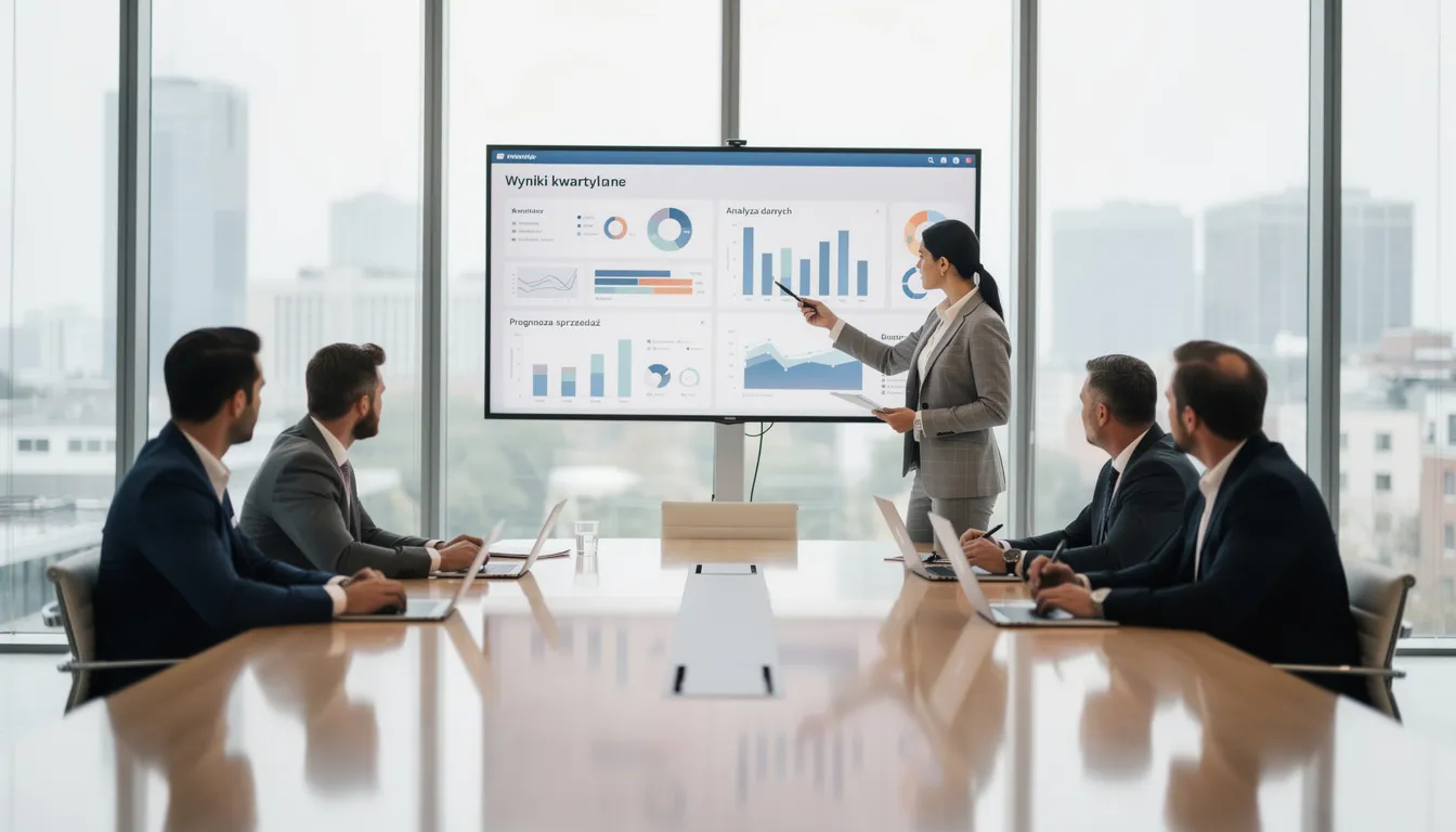 Zespół biznesowy analizuje dane na ekranach komputerów w sali konferencyjnej, korzystając z oprogramowania CRM, które wspiera ich w podejmowaniu trafnych decyzji biznesowych oraz automatyzacji procesów sprzedażowych. Spotkanie ma na celu omówienie skutecznego zarządzania relacjami z klientami oraz wdrożenie systemu CRM dostosowanego do indywidualnych potrzeb firmy.