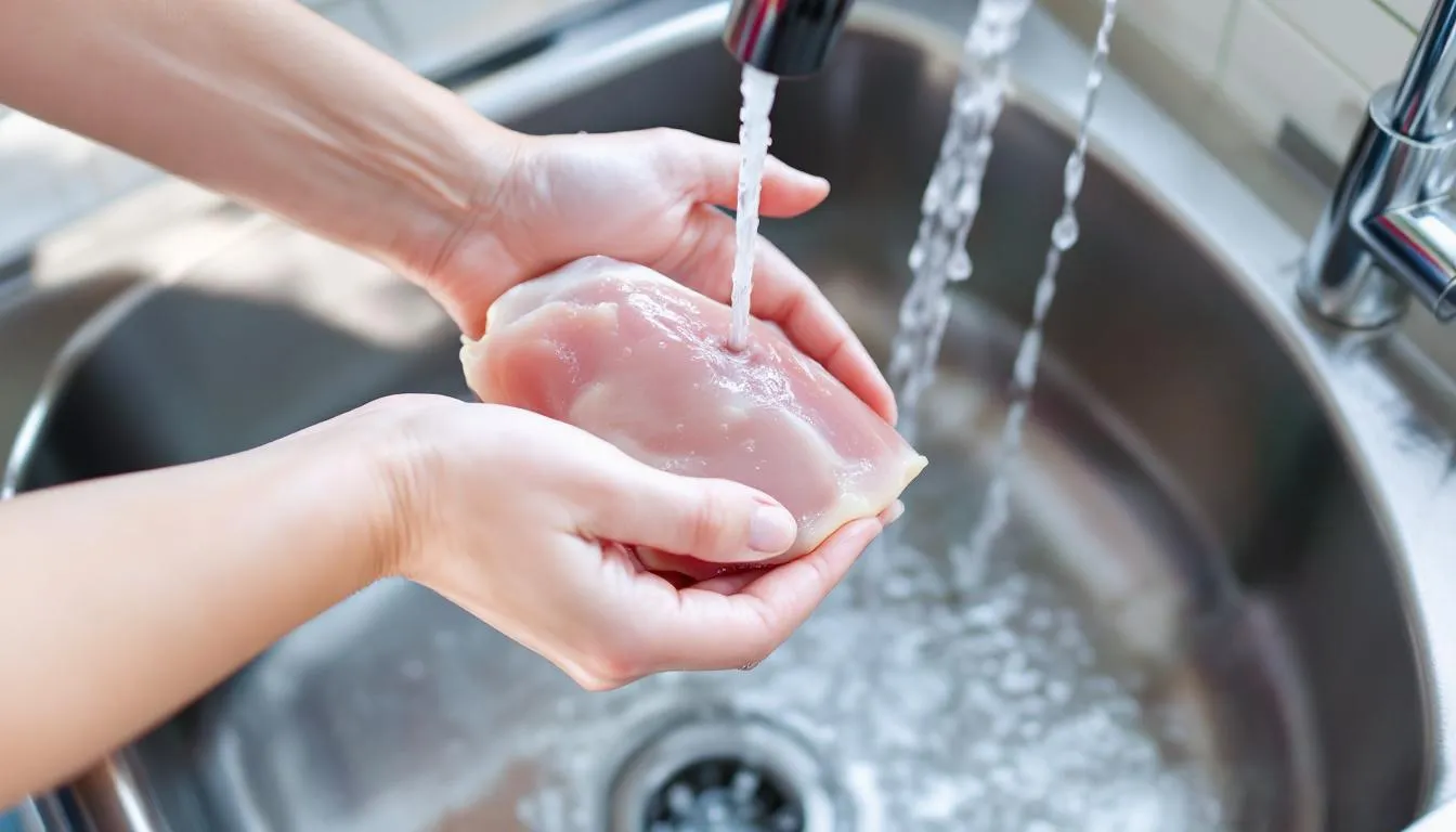 In a kitchen sink, hands are rinsing raw chicken liver under cold running water, preparing it for cooking. This organ meat is nutrient-dense and can be a healthy addition to a dog