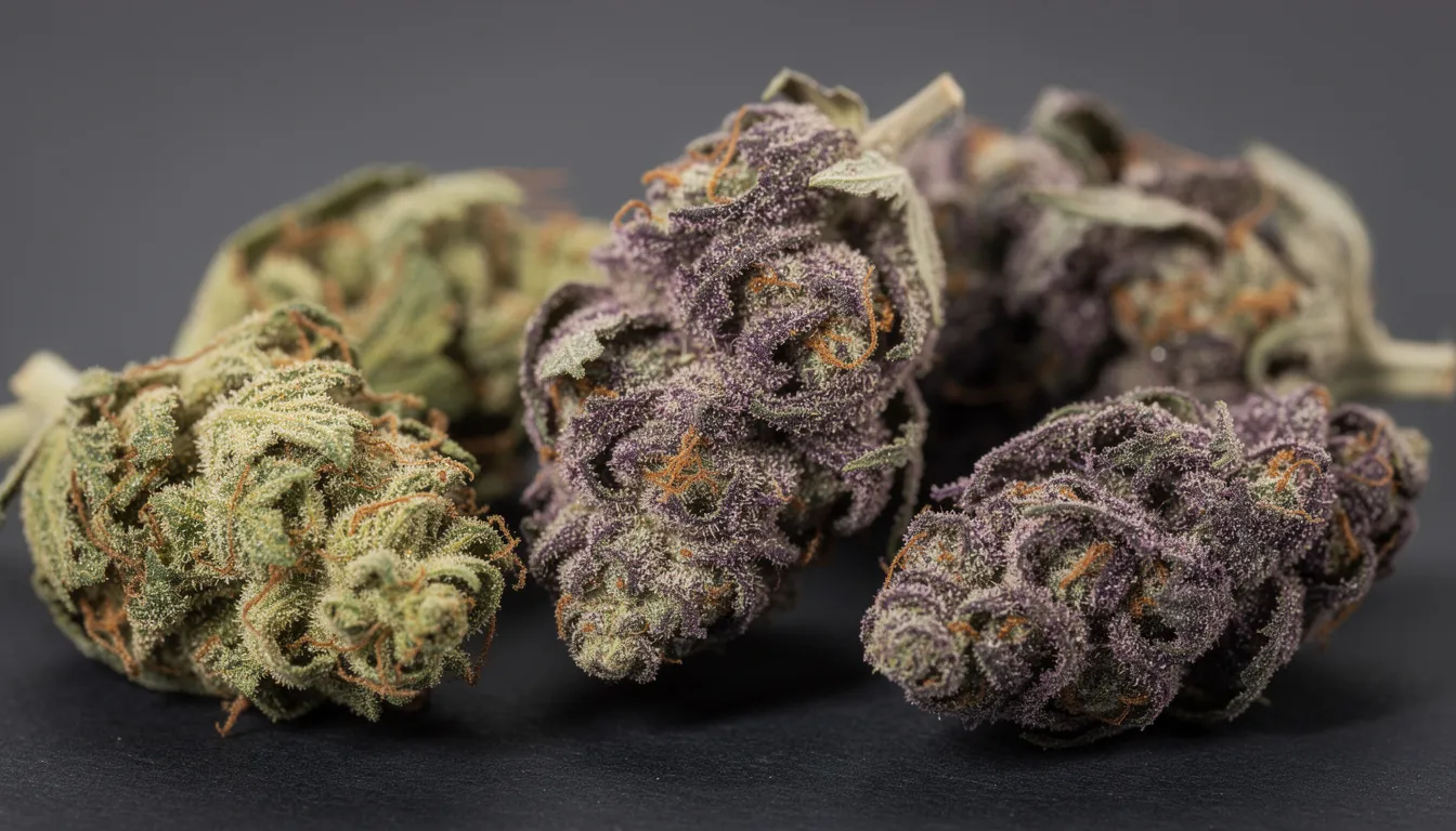Das Bild zeigt verschiedene getrocknete Cannabisblüten in unterschiedlichen Farbtönen, von leuchtendem Grün bis hin zu tiefem Violett. Diese Vielfalt repräsentiert die unterschiedlichen Sorten und Genetik von Cannabispflanzen, die für ihre Qualität und ihren THC-Gehalt bekannt sind.