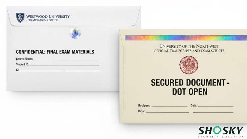 Institutional exam envelopes with labeled fields and security branding
