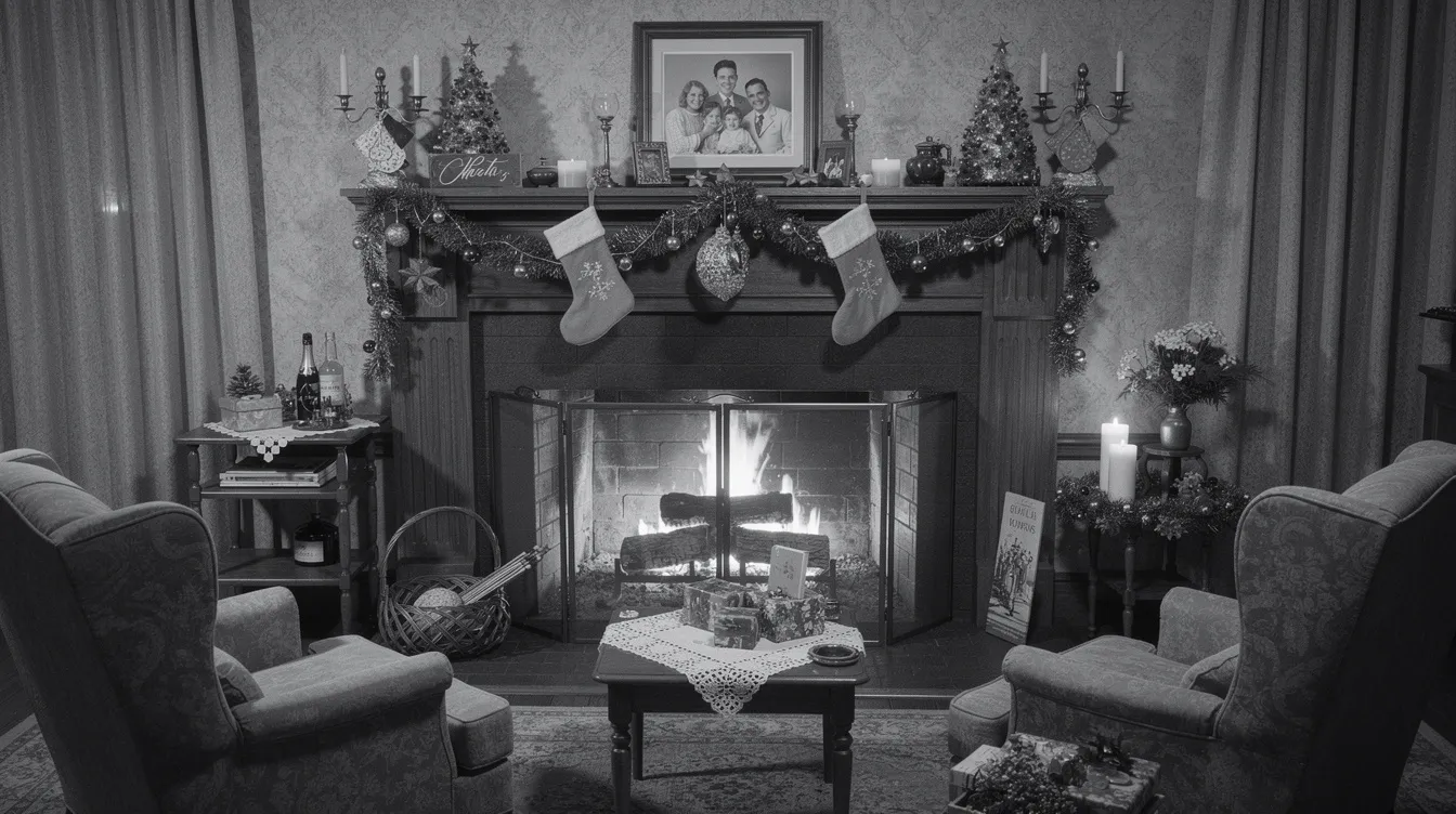 Das Bild zeigt einen gemütlichen Innenraum eines Wohnzimmers im Stil der 1940er Jahre, mit einem warmen Kaminfeuer, festlichem Weihnachtsschmuck und einem Familienfoto auf dem Kaminsims. In Schwarz-Weiß gehalten, vermittelt die Szene eine nostalgische Atmosphäre, die an den Filmklassiker "It's a Wonderful Life" erinnert, in dem das Leben trotz aller Missgeschicke schön ist.