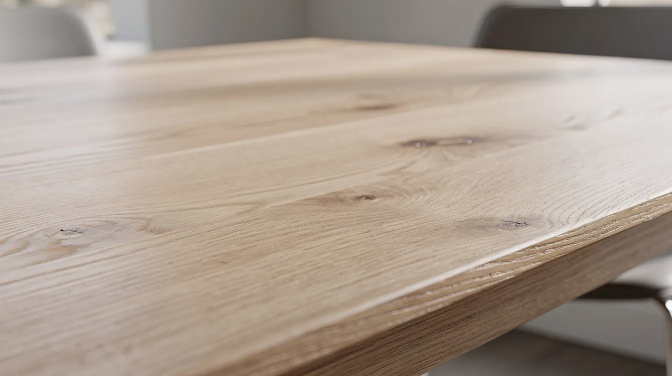 Närbild på en ljus bordsskiva i massiv ek som visar den vackra trästrukturen, vilket ger en stilren känsla till ett litet matbord. Denna yta passar perfekt för en matplats i hemmet och framhäver det naturliga materialet.