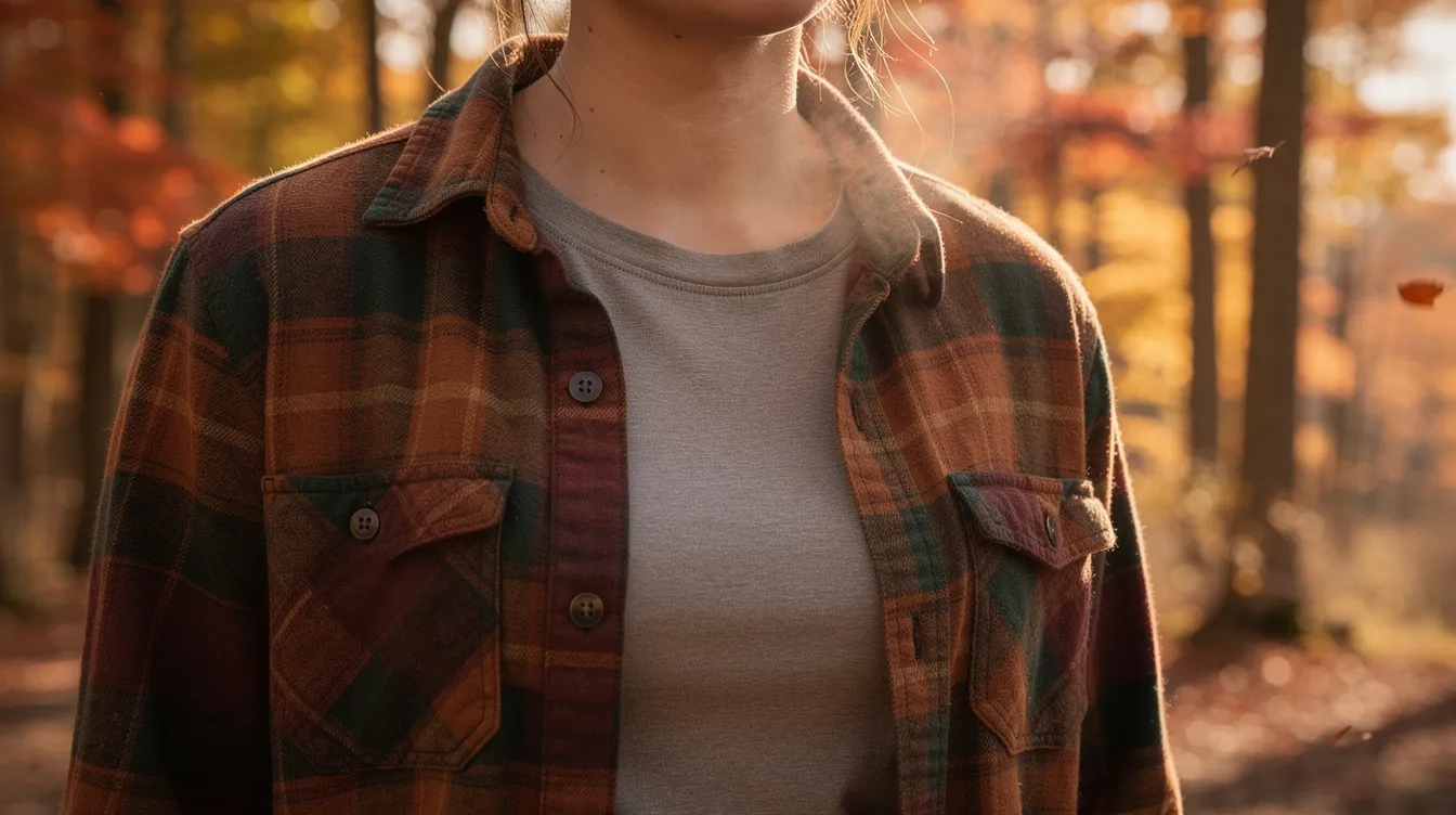 A close-up of a person outdoors dressed in layered fall clothing, featuring a flannel shirt over a long-sleeve base layer, with vibrant autumn trees in the background, perfect for a weekend trip or hiking adventure. The warm attire is ideal for late October weather, making it a great choice for those planning a backpacking trip.