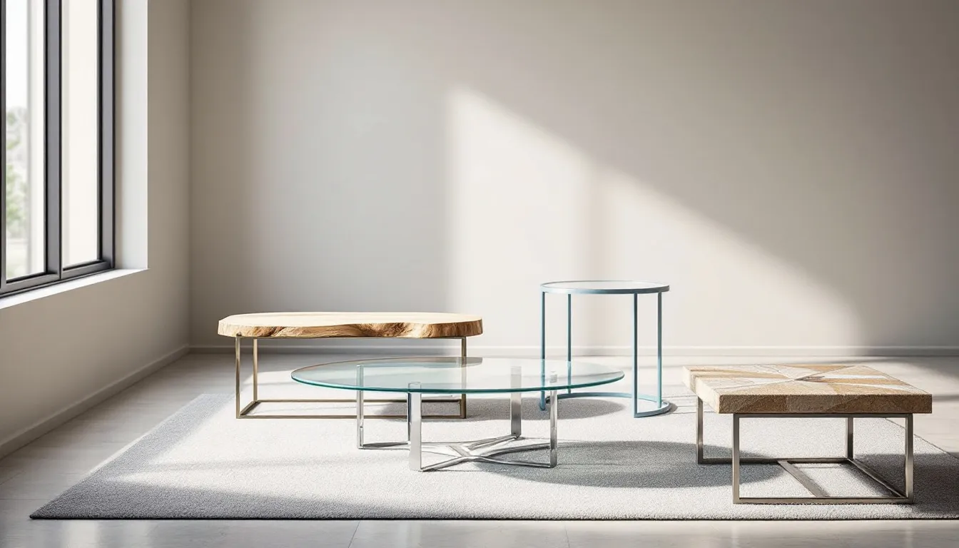 Different materials used for coffee tables showcased together.
