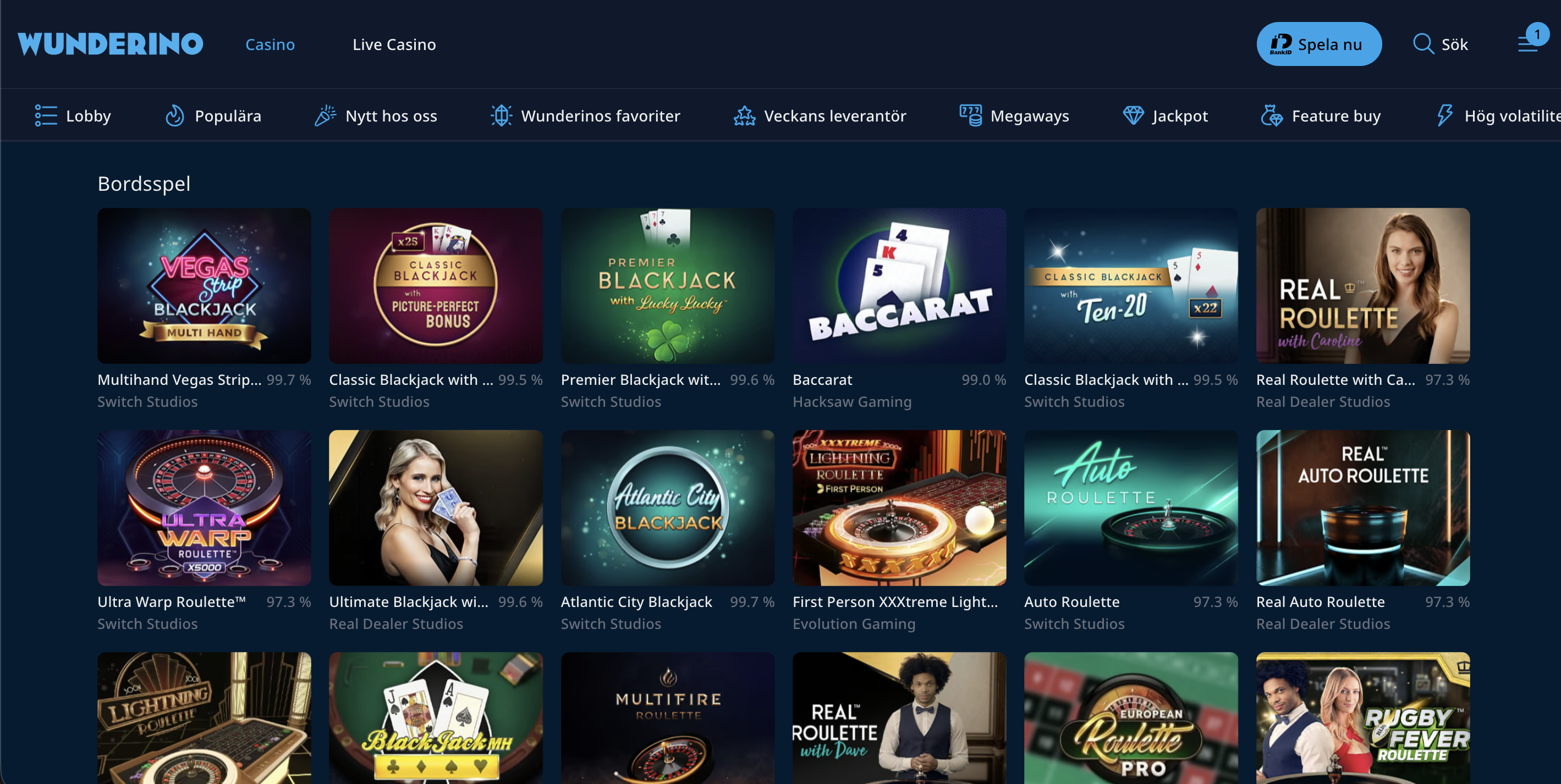 Bordsspel hos Wunderino Casino med blackjack, roulette, baccarat och live dealer-spel från flera spelleverantörer.
