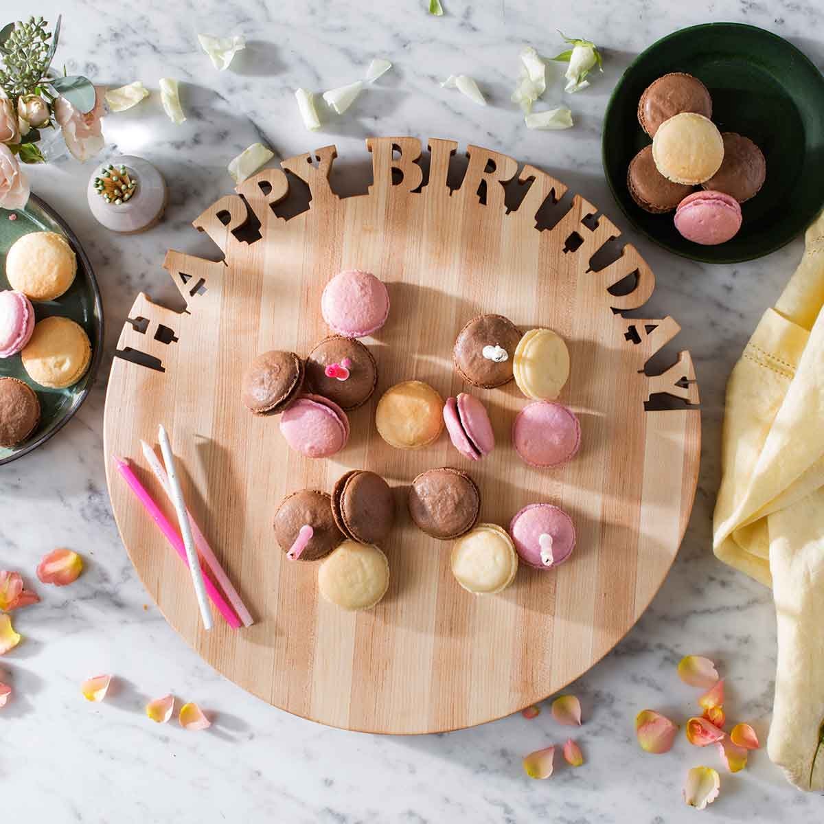 maple wood lazy susan with the words Happy Birthday