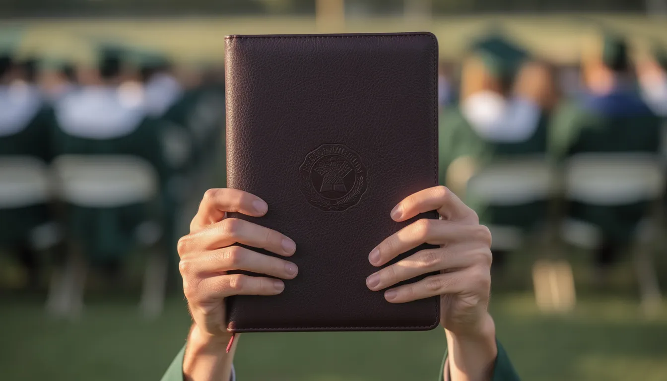 A close-up image captures a graduate's hands holding a navy leather-bound diploma cover, showcasing its quality and design during an outdoor commencement ceremony. The diploma cover, adorned with foil stamping, protects the important document inside, symbolizing a significant accomplishment on this special day.