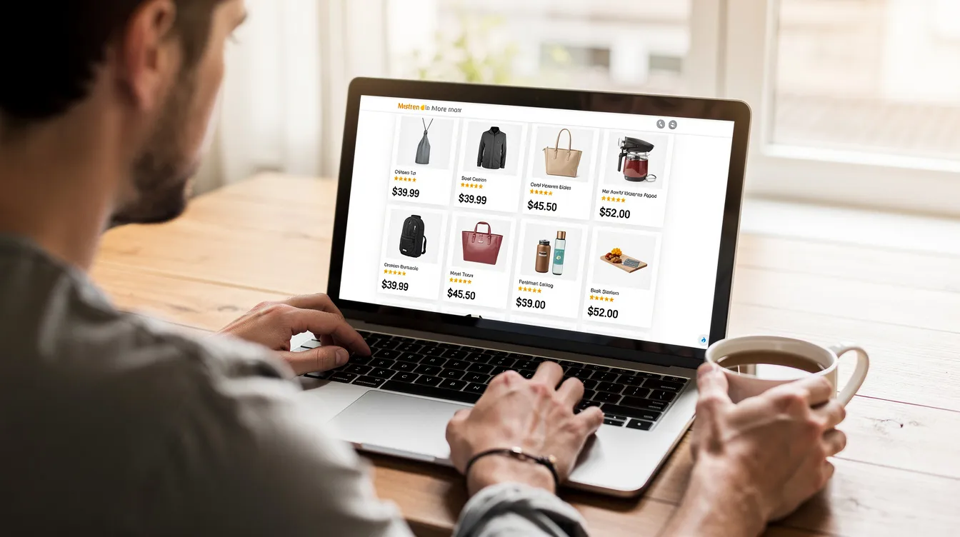 A person is seated at a desk, intently comparing various GPS trackers on their laptop screen, evaluating options with and without subscription fees. The screen displays product details, highlighting features like real-time tracking, location data, and potential monthly costs associated with subscription-based trackers.