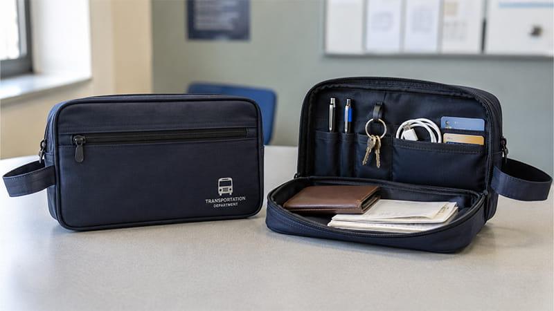 Personalized driver organizer bag with compartments for keys, pens, cables, cards, and documents