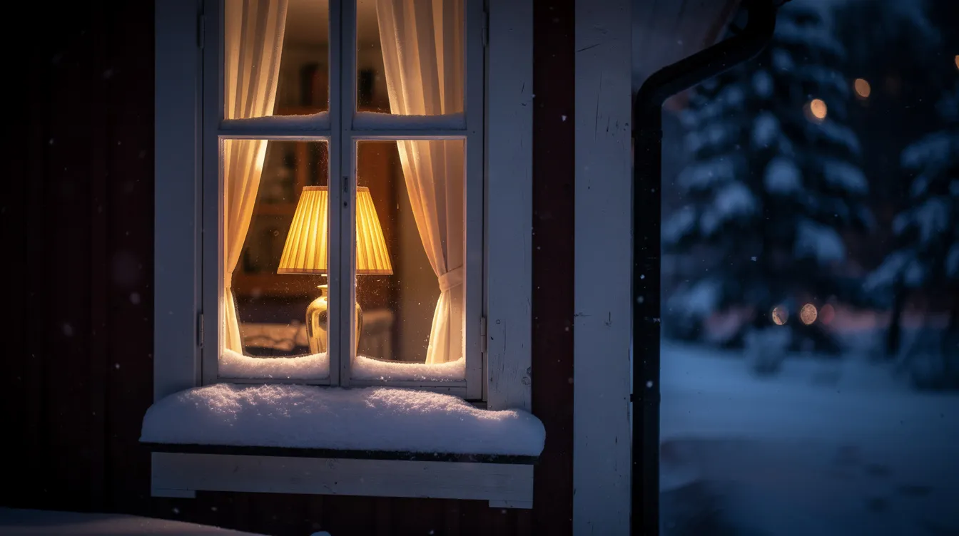 En mysig fönsterlampa med behagligt ljus lyser upp ett fönster i ett hus under en mörk vinterkväll, vilket skapar en inbjudande atmosfär. Lampan, som är designad för att passa olika stilar, ger en varm känsla till rummet och gör det till en perfekt ljuskälla för kalla kvällar.