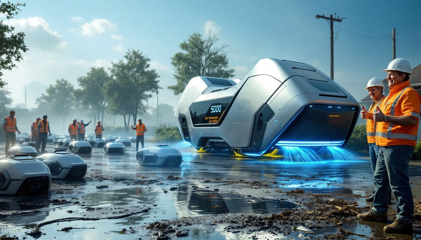 Emergency water extraction equipment being used in a flooded area.