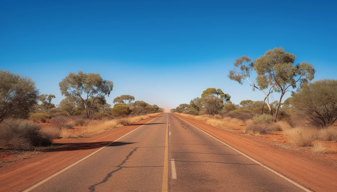 A wide outback road stretches through the Australian bushland under a clear blue sky, representing the vast landscapes of Western Australia. This image evokes the freedom of driving, reminiscent of the journey to obtaining a WA driver's licence or learner's permit.