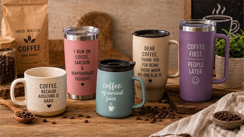 Funny coffee quotes printed on custom mugs and tumblers