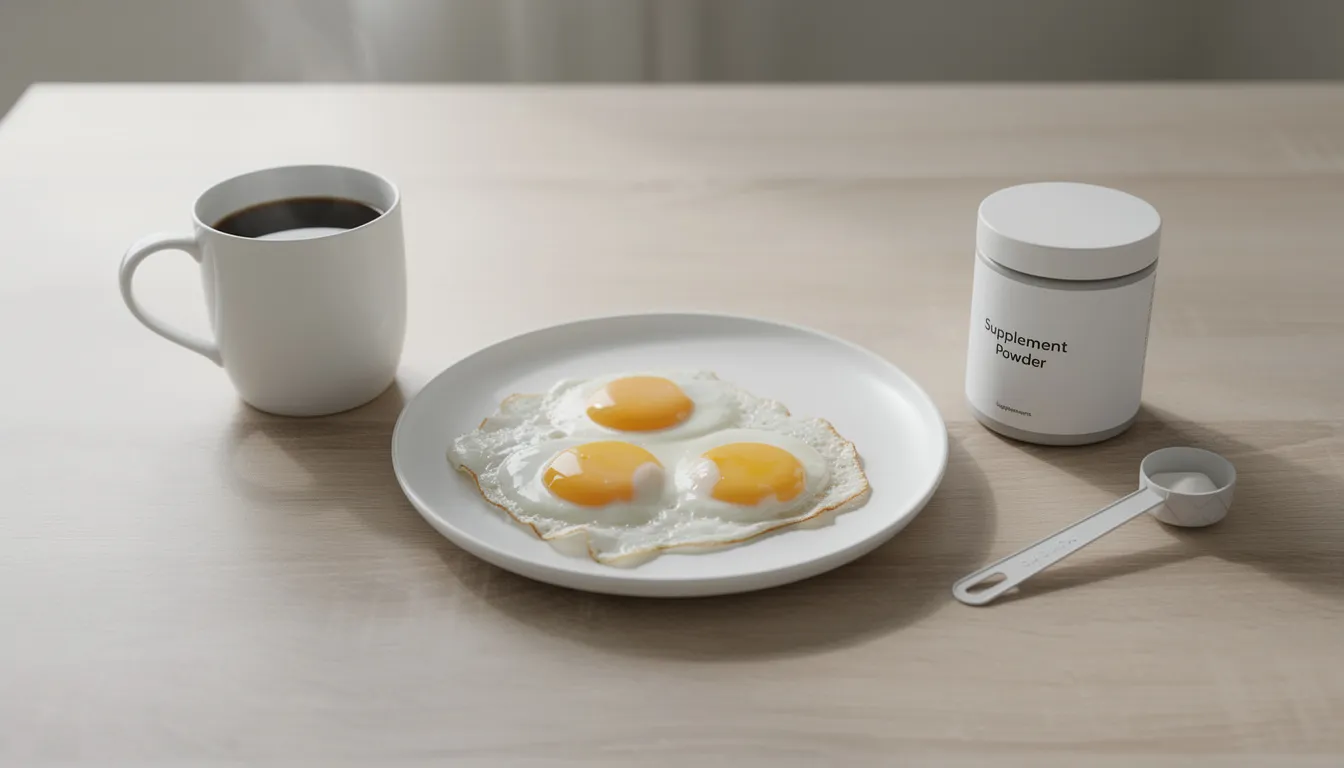The image depicts a simple breakfast table featuring a cup of coffee, two cooked eggs, and a small container of creatine monohydrate supplement powder, suggesting a focus on muscle recovery and growth for fitness enthusiasts. This setup highlights the importance of dietary supplements in supporting athletic performance and maintaining optimal creatine levels, even on rest days.