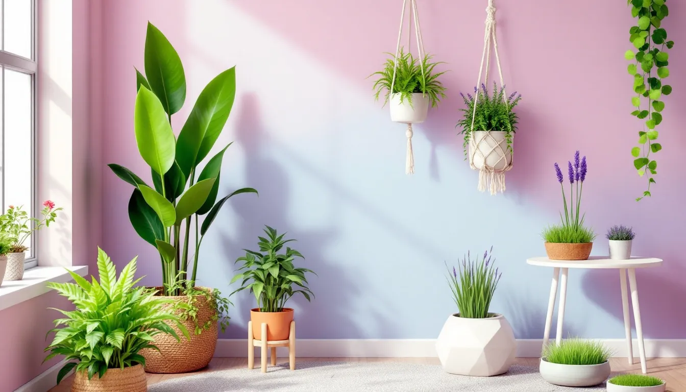 A variety of pet-friendly plants displayed in a bright living room, emphasizing the importance of choosing safe plants for pet proofing your home.