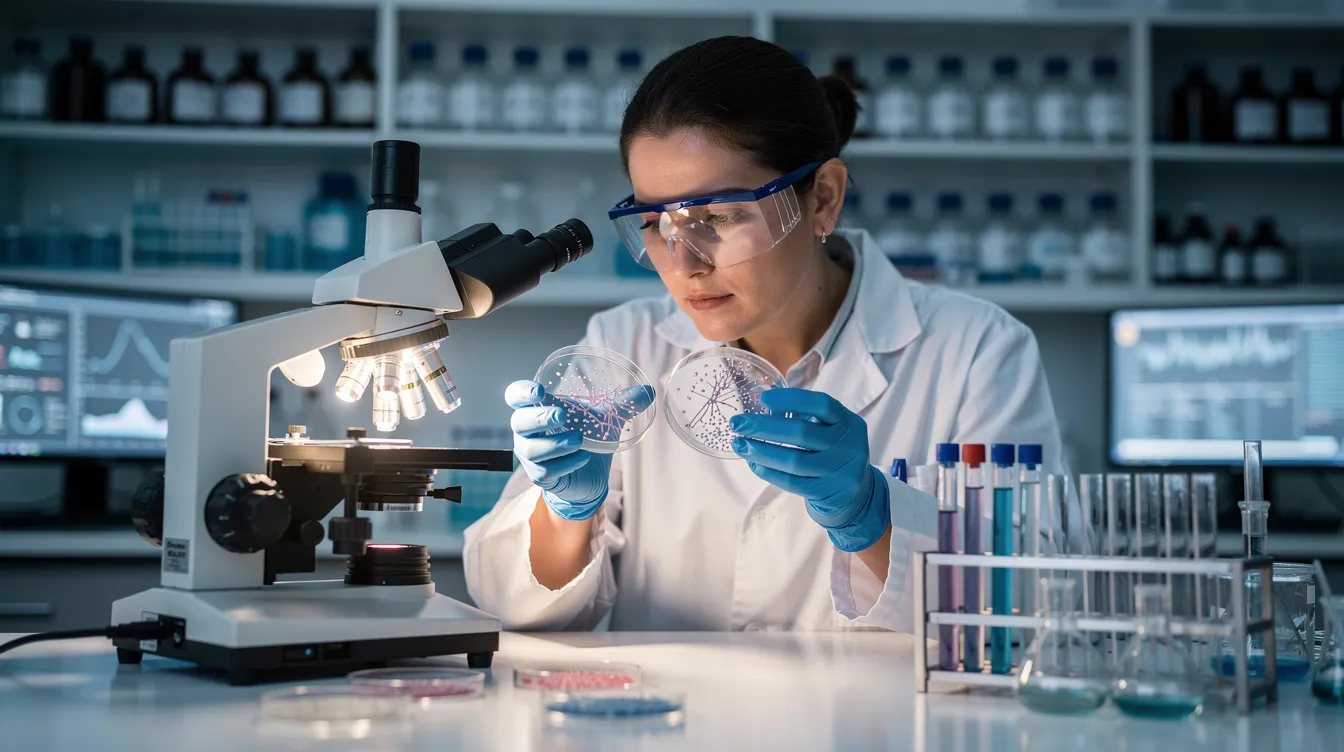 A medical researcher is closely examining cell cultures in a laboratory, focusing on the aging process and its implications for age-related diseases. This research is crucial for advancing longevity medicine and developing strategies for healthy aging and disease prevention.