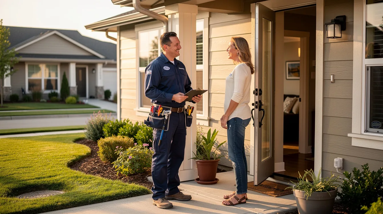 A friendly plumber stands at the front door of a house, consulting with a homeowner about their plumbing needs, likely discussing solutions for clogged drains or other drain problems. The interaction suggests a professional drain cleaning service, emphasizing a commitment to great service and plumbing repair.