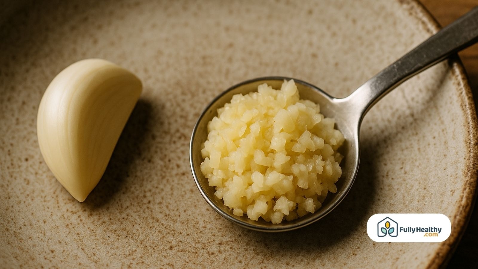 Close-up of garlic clove and minced garlic in small metal spoon