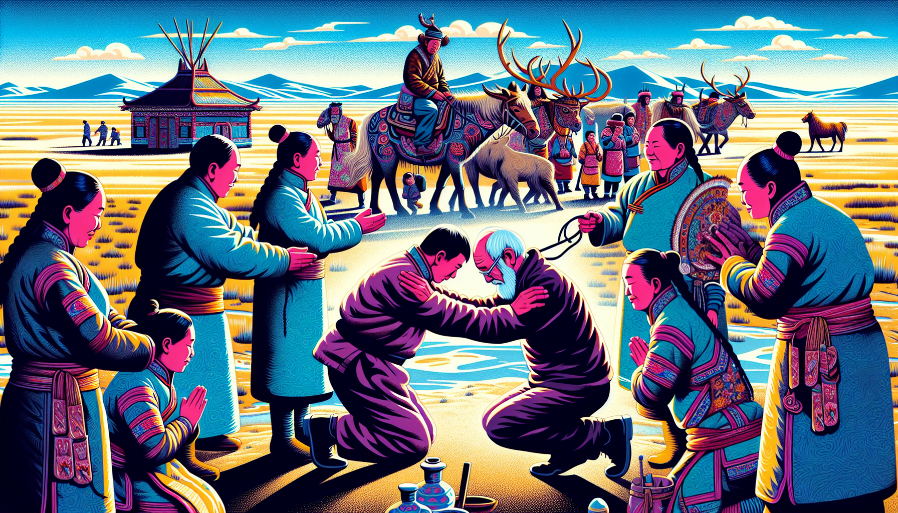 Illustration of travelers respecting local customs in Mongolia