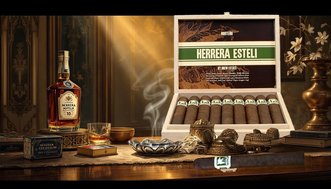 A selection of Drew Estate Herrera Esteli Norteno cigars displayed with tasting notes.