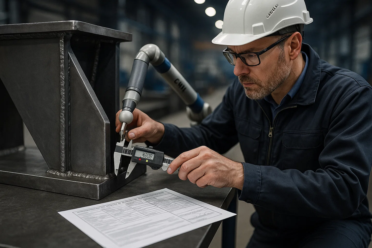 Engineer carrying out precision dimensional inspection on a large fabricated steel component