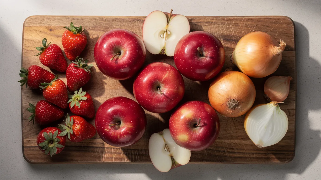 The image features a wooden cutting board adorned with fresh strawberries, vibrant red apples, and yellow onions, creating a colorful and healthy display of fruits and vegetables. This arrangement highlights the importance of cellular health and the benefits of antioxidants found in foods like strawberries and apples, which can aid in targeting senescent cells and promoting overall wellness.