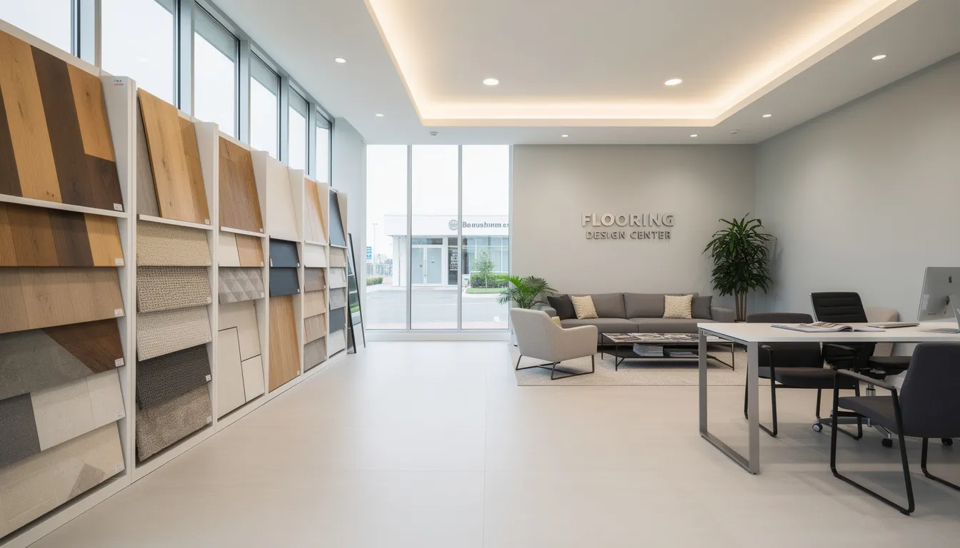 The image depicts the interior of a flooring showroom, featuring various sample displays of luxury vinyl and other flooring options. A comfortable consultation area is visible, inviting visitors to explore and gather information about specialty flooring services offered by Nova Flooring in Pittsburgh, PA.
