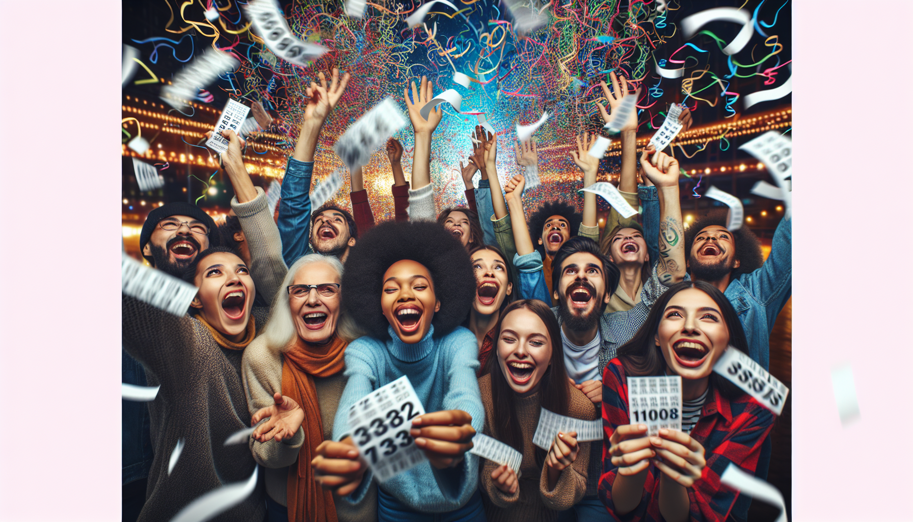 Illustration of people celebrating and holding Sambad Lottery bumper lottery tickets